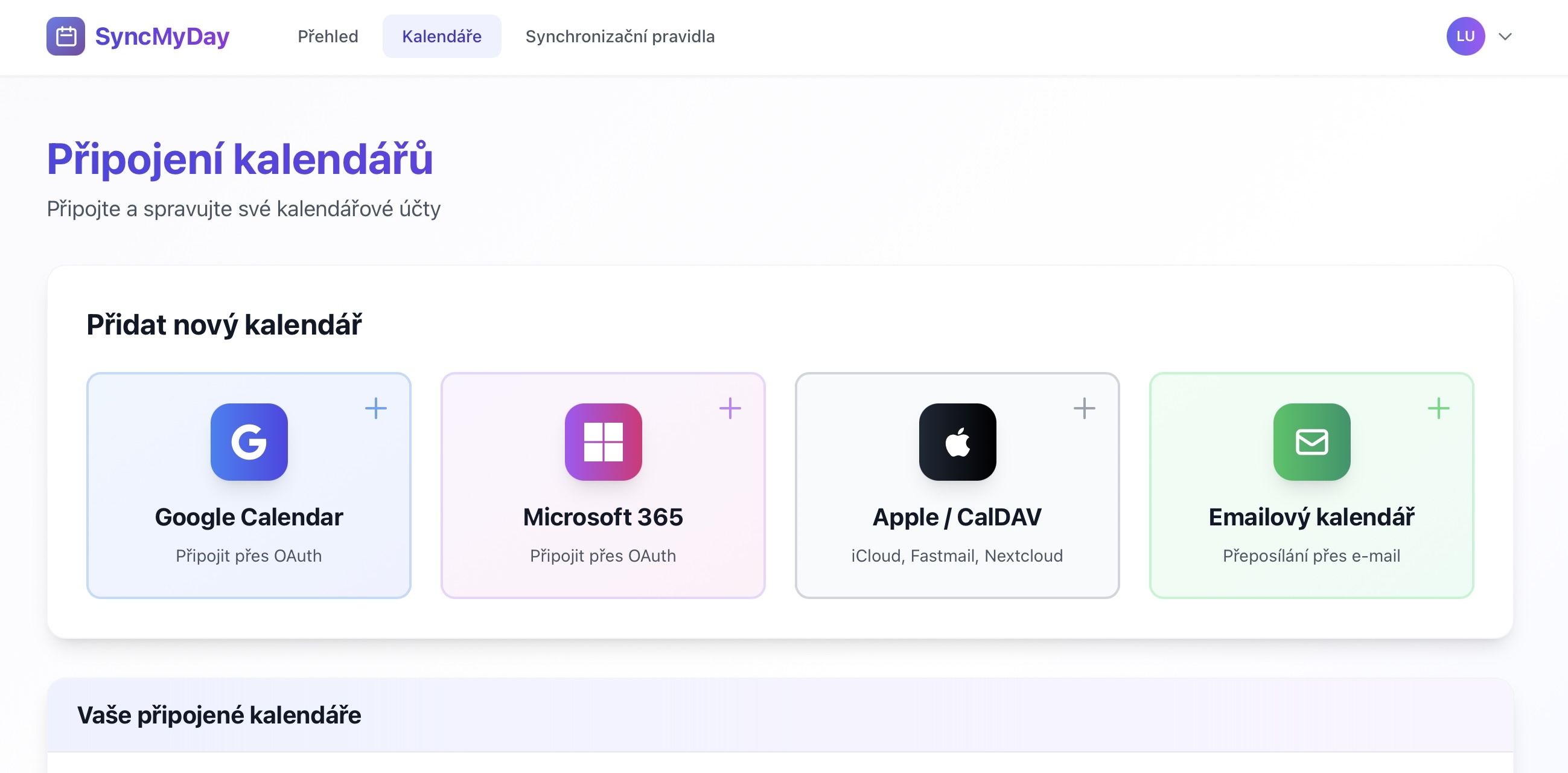 Stránka Připojení kalendářů s možnostmi Google Calendar, Microsoft 365, Apple/CalDAV a Emailový kalendář