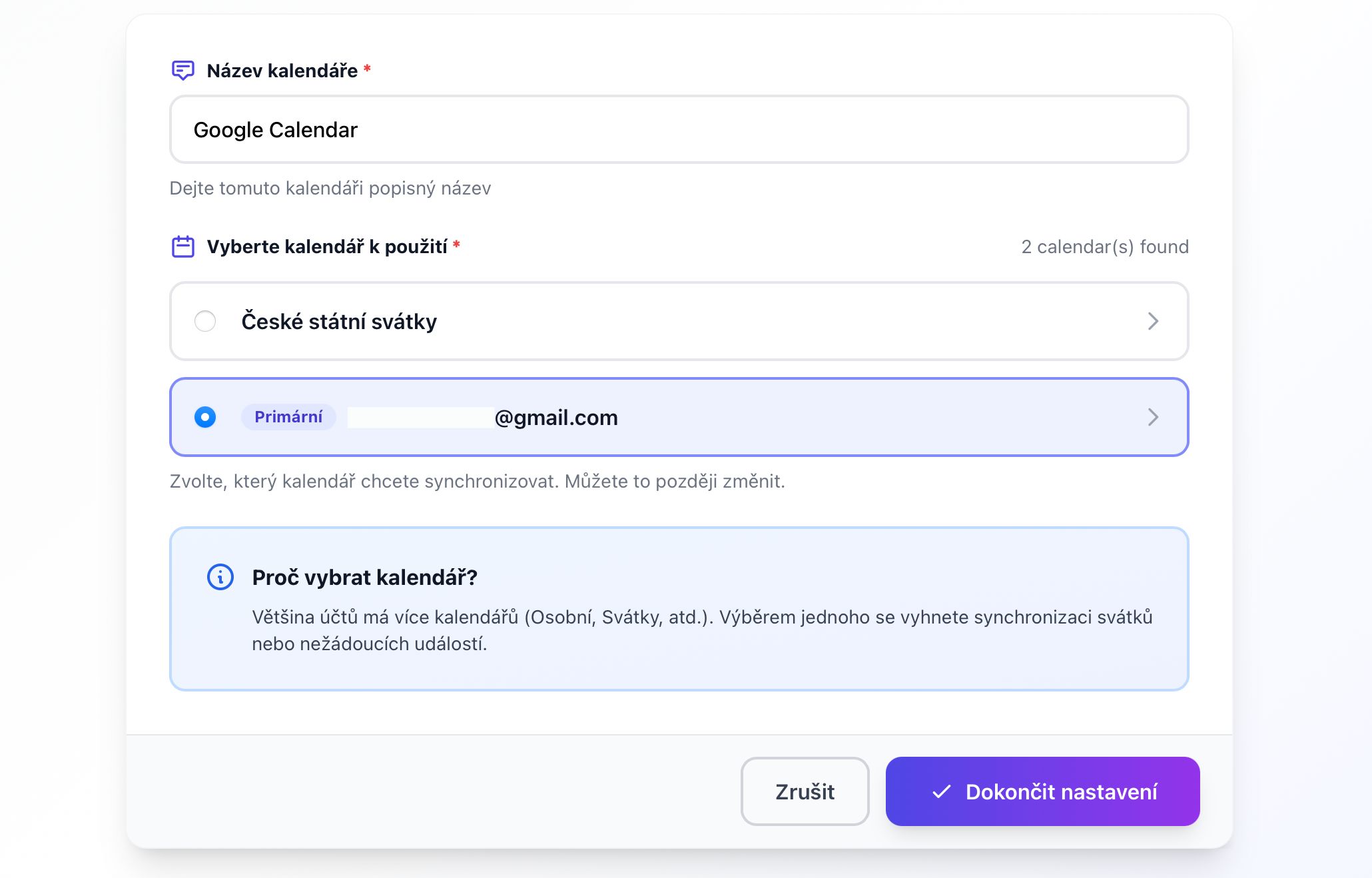 Dialog výběru kalendářů z Google účtu