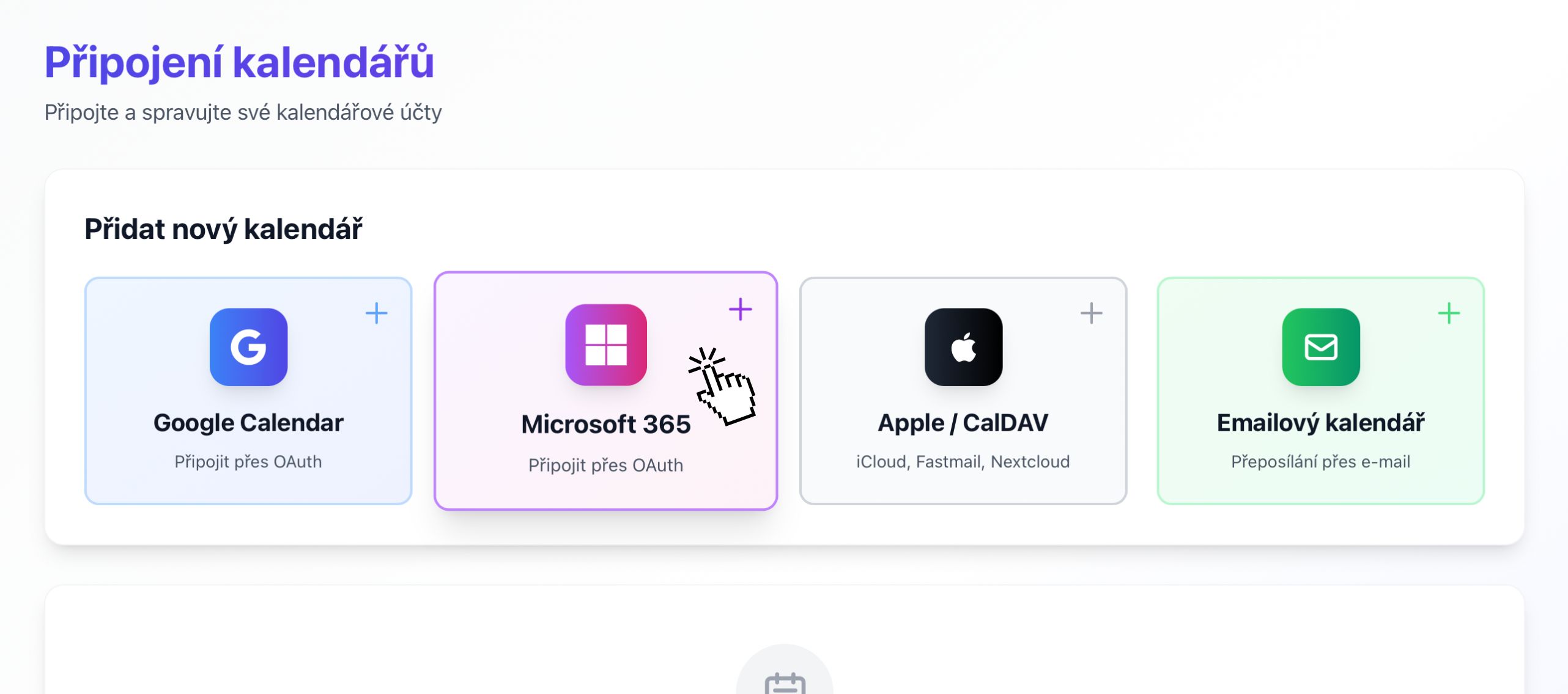 Tlačítko Microsoft 365 na stránce Připojení kalendářů