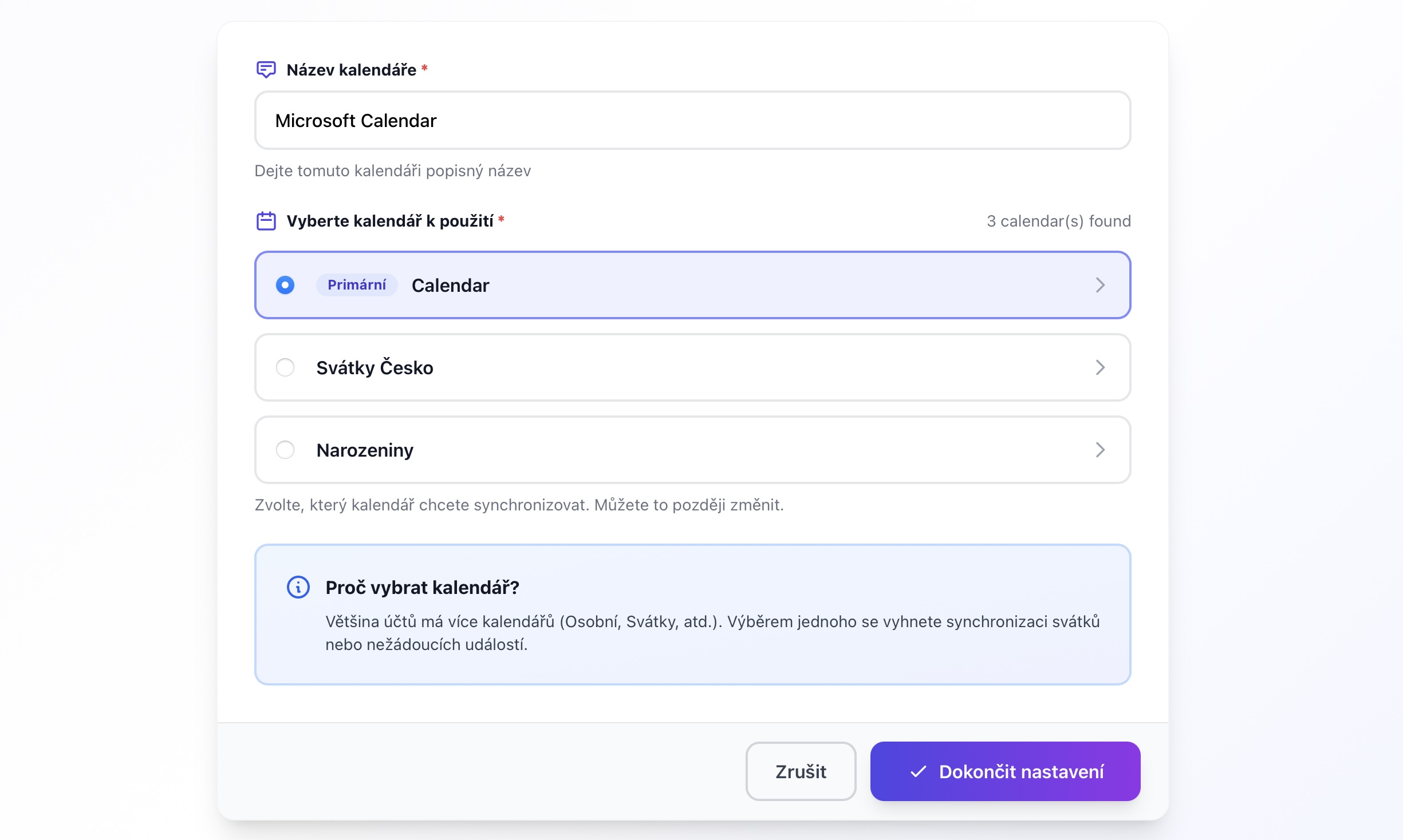 Dialog výběru kalendářů z Microsoft účtu