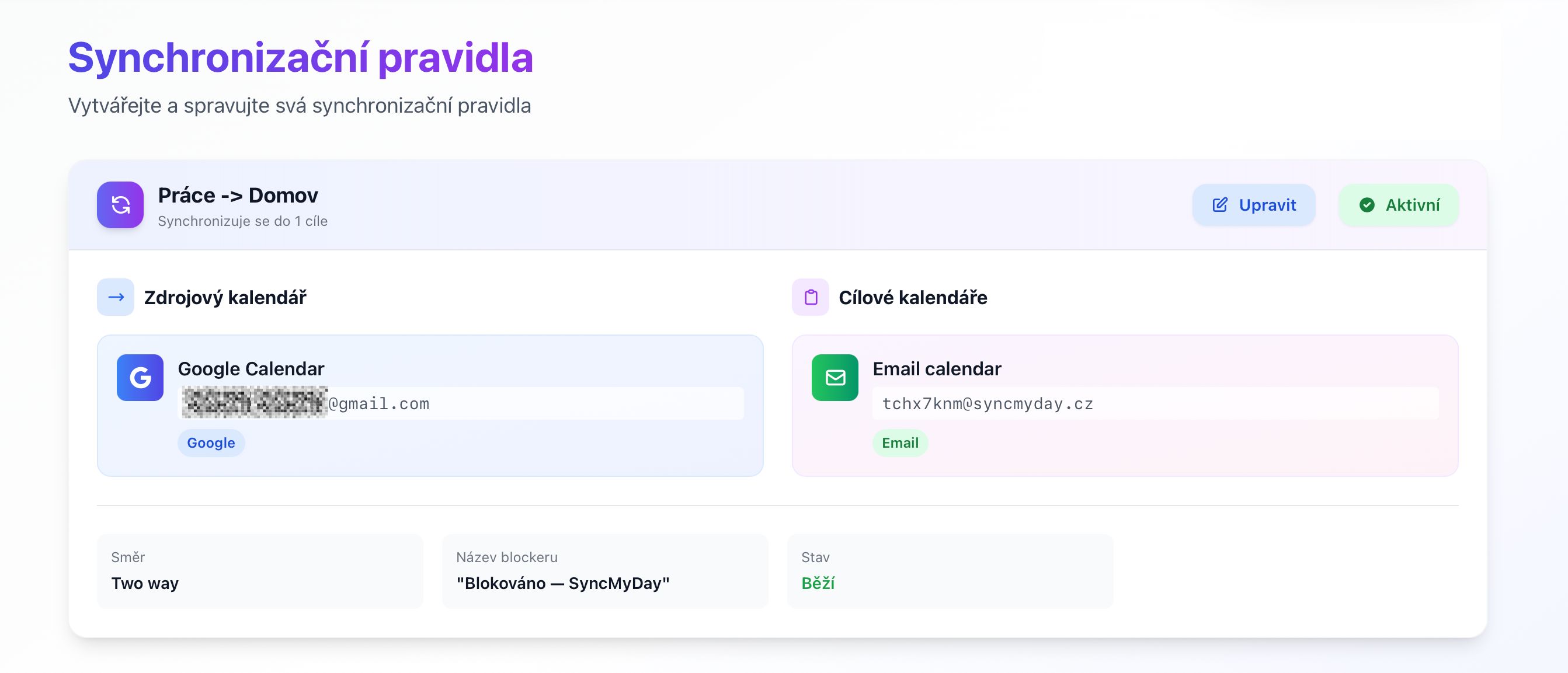 Potvrzovací stránka zobrazující aktivní pravidlo synchronizace